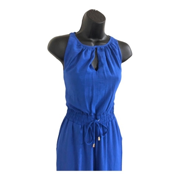 TAHARI blue smocked waist sleeveless  keyhole neck belted‎ jumpsuit size 6 new - Picture 3 of 16